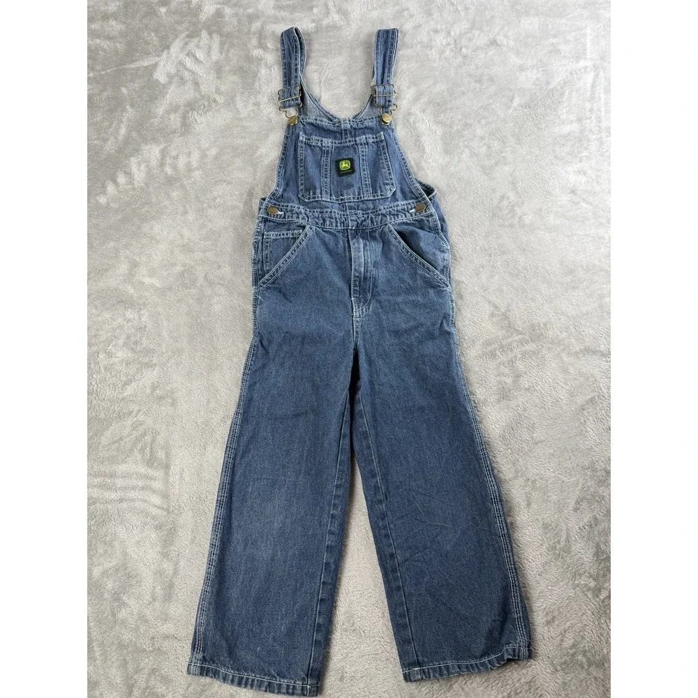 Vintage John Deere Denim Overalls Youth Adjustable Bib Wide Leg Farm Logo